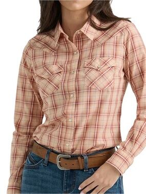 Wrangler Peach Plaid Western Snap-Front Blouse